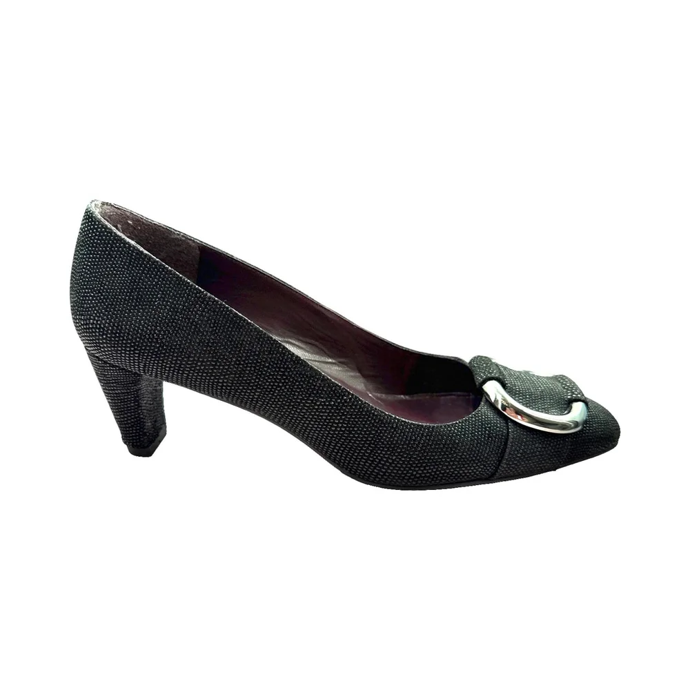 Stuart Weitzman Women's Pumps Size 6.5M Black Textured Fabric Silver Buckle Heel